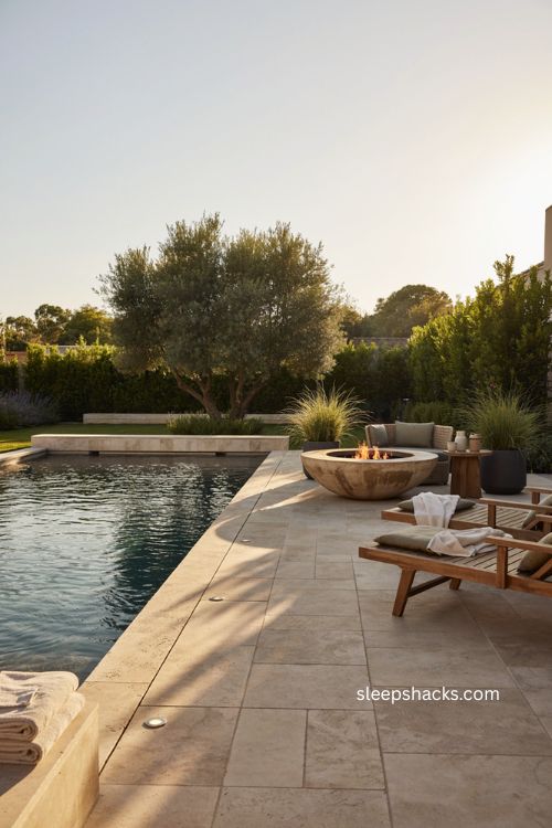 Poolside fire pit ideas with low fire bowl and cozy backyard seating 