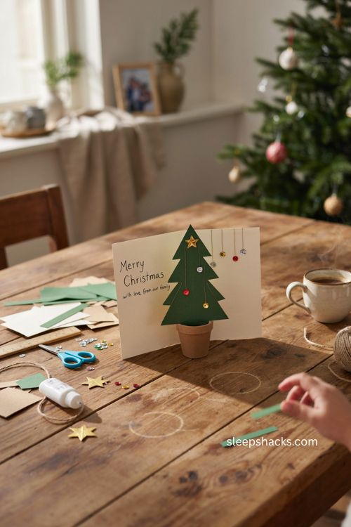 Pop up Christmas tree card for kids with folded paper tree sequins and easy handmade holiday craft 