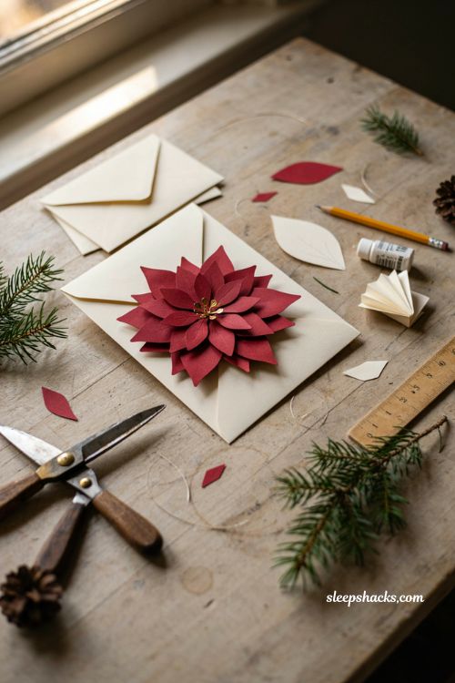Pop up poinsettia Christmas card ideas with handmade 3D paper flowers
