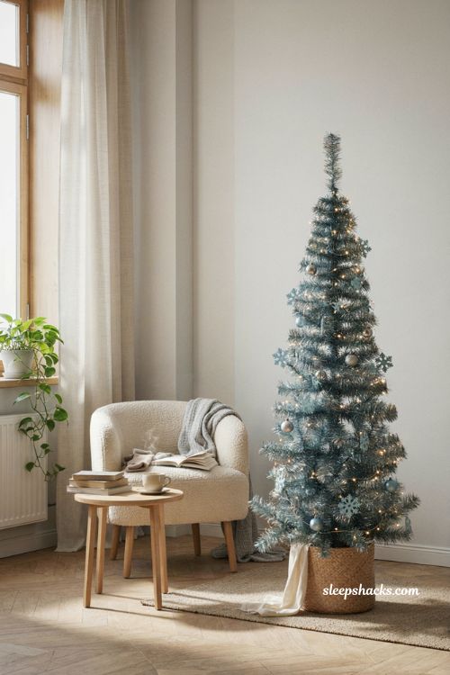 Pop up tinsel Christmas tree ideas with blue snowflake ornaments