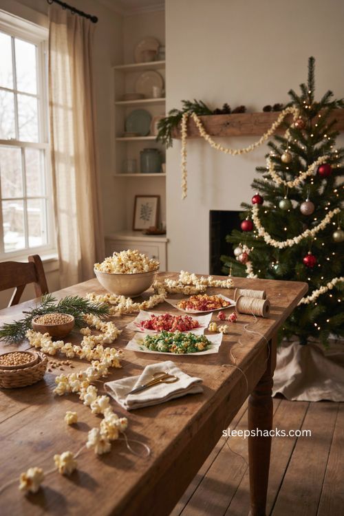 Popcorn Christmas garland bunting with red and green kernels and rustic holiday decor