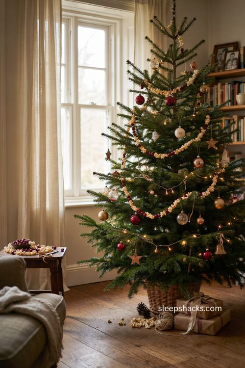 Popcorn and cranberry garland on a nostalgic Christmas tree with handmade vintage holiday decor 