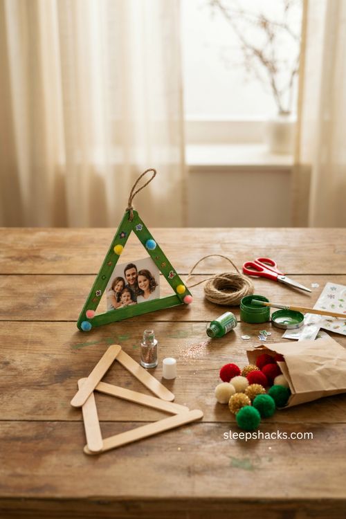 Popsicle stick photo tree Christmas ornament craft for toddlers with handmade decorations 