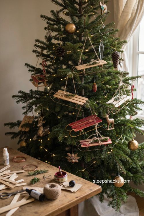Popsicle stick sled ornaments diy rustic farmhouse Christmas tree decor 
