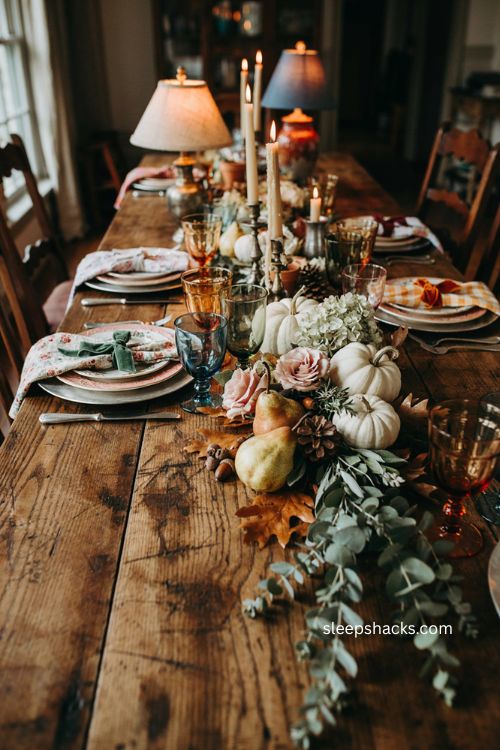 Portable table lamps and candlelight for cozy vintage thanksgiving tablescape 