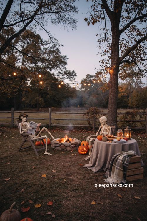 Posable skeleton vignettes lounging around a cozy backyard Halloween party 