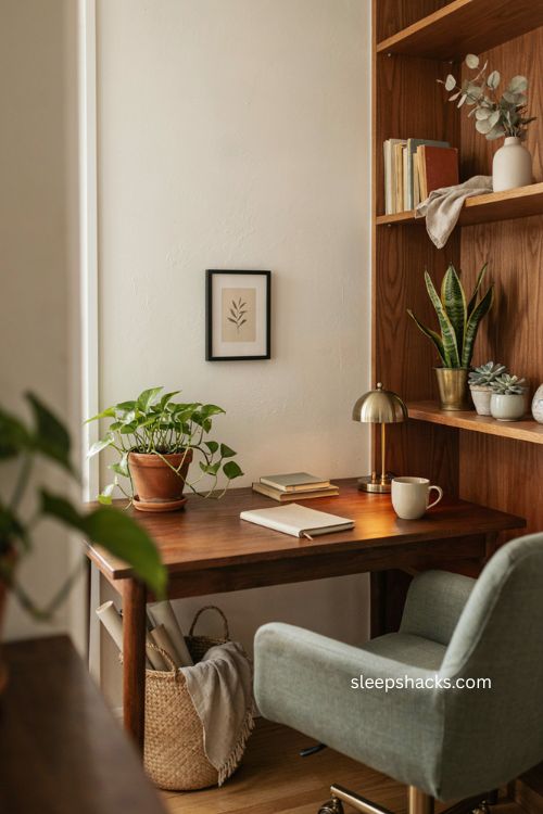 Pothos snake plant and succulents in a cozy green home office 