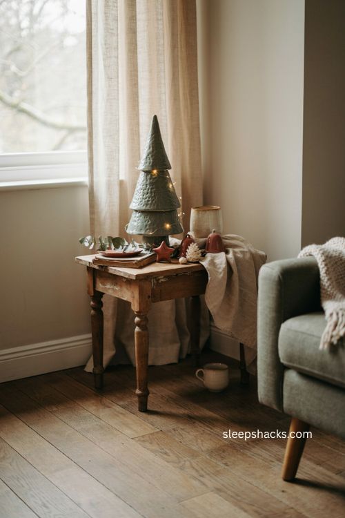 Pottery christmas trees vintage ceramic holiday decor glowing on a cozy side table