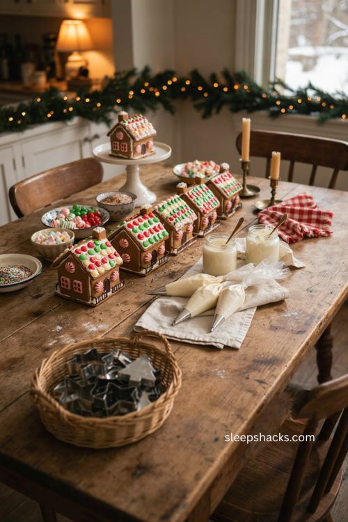 Pre assembled gingerbread house decorating station Christmas party ideas kids