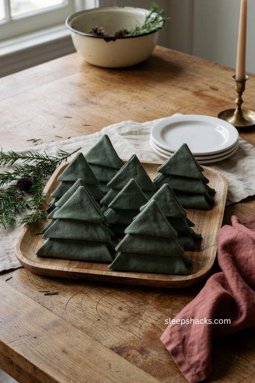 Pre folded Christmas tree napkins stored ahead for easy holiday hosting 