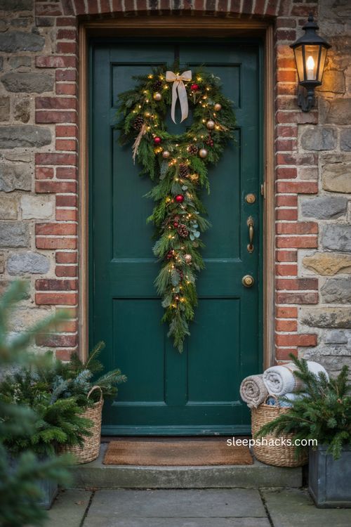 Pre lit Christmas door swag with warm white lights pinecones berries and evening glow