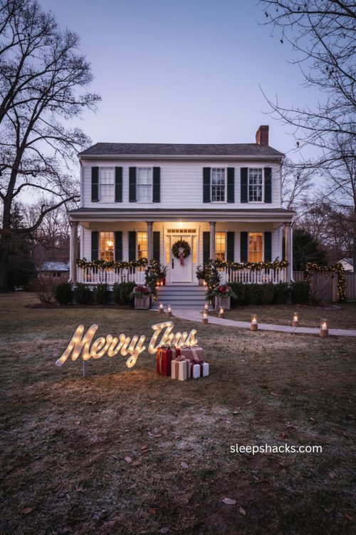 Pre lit Christmas sign with glowing gift boxes and festive front yard decorations 