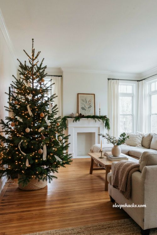 Pre lit Christmas tree with neutral Thanksgiving Christmas decor ideas