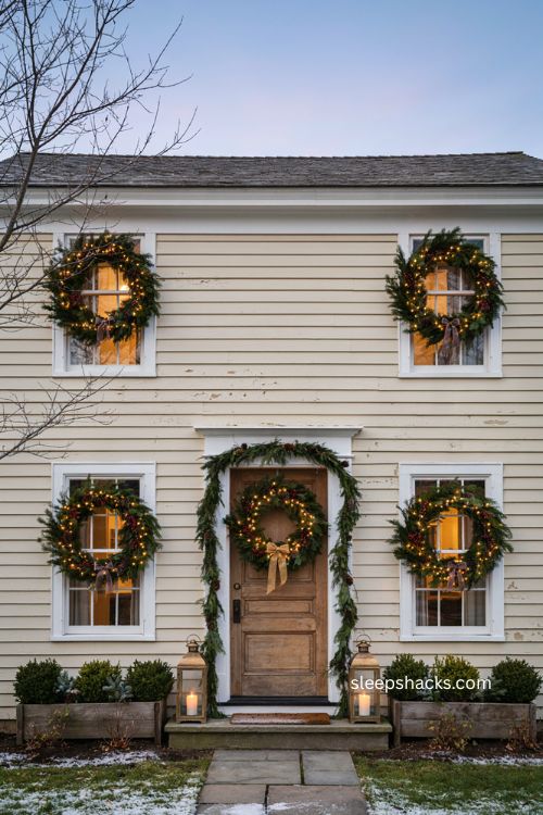 Pre lit Christmas wreaths on windows with symmetrical front facade holiday decor 
