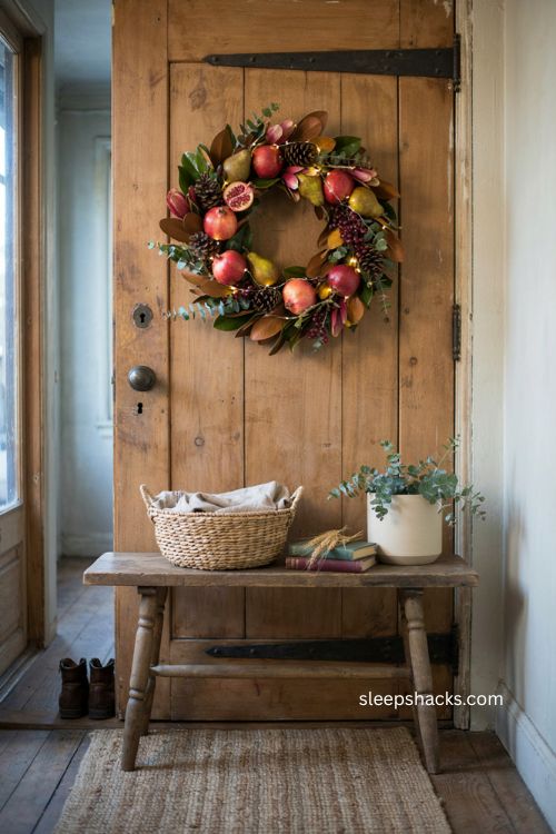 Pre lit fruit fall thanksgiving wreath with pomegranates apples pears and pinecones 
