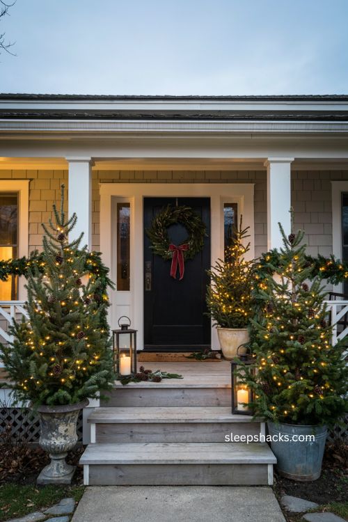 Pre lit potted Christmas trees flanking steps with warm white lights and cozy porch decor 