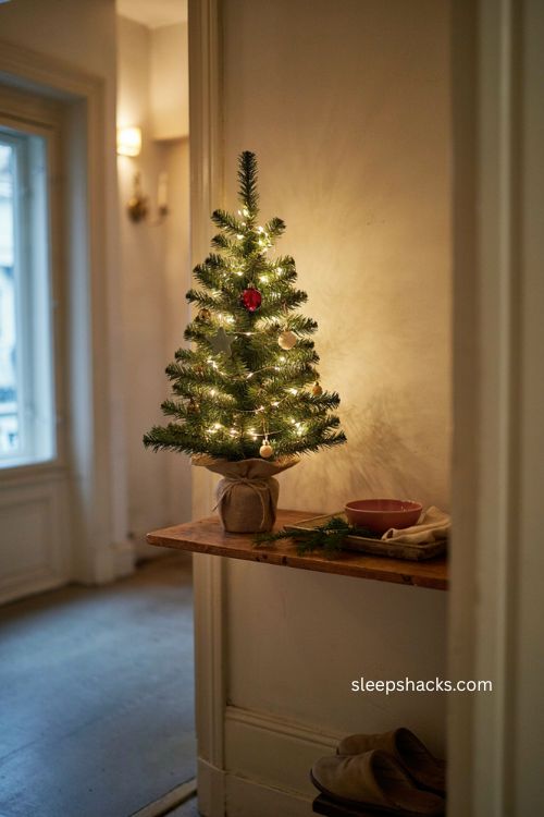 Pre lit small Christmas tree on entryway console table