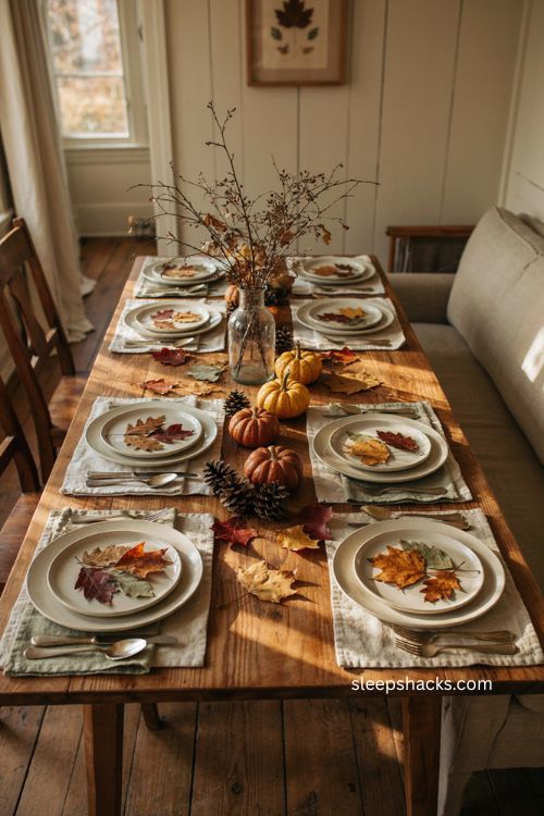 Pressed fall leaf placemats with rust gold and red leaves on a cozy autumn dining table 