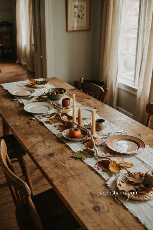 Pressed fallen leaf garland for cheap Thanksgiving table settings and cozy autumn decor