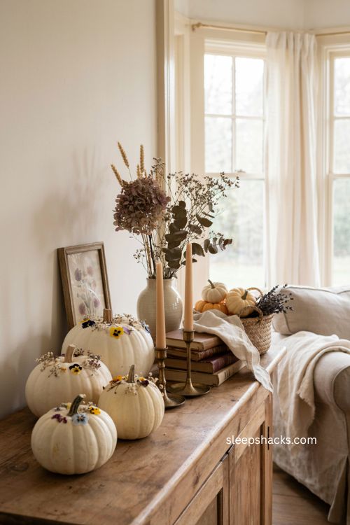 Pressed flower pumpkins with white cream pumpkins and soft Halloween decor 