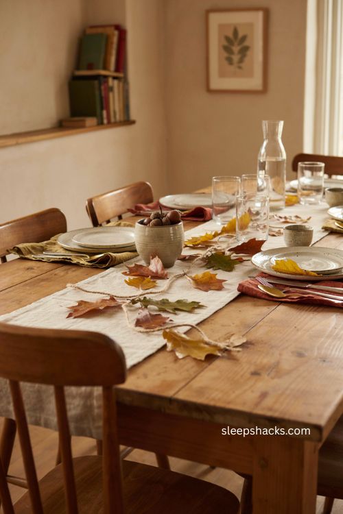 Pressed leaf garland for easy Thanksgiving table decor with twine