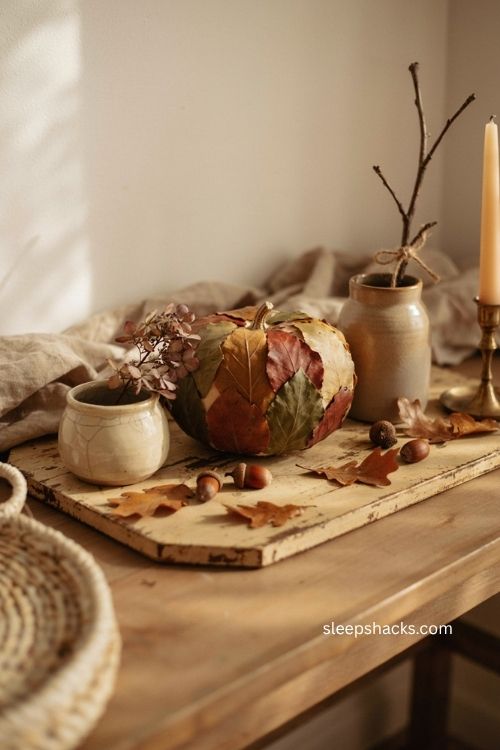 Pressed leaf pumpkin with rustic autumn leaves and cozy fall decor 