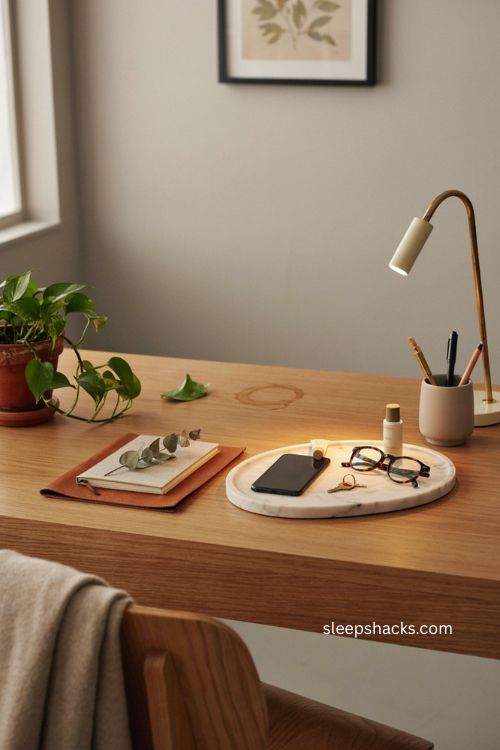 Pretty office desk catch all tray with phone glasses hand cream keys and organized workspace 