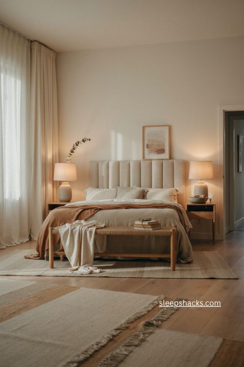 Primary bedroom ideas with layered bedding soft lighting and calming neutral decor