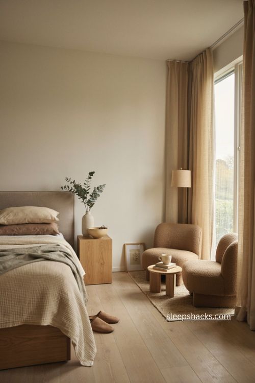 Primary bedroom seating area with cozy chaises by a window and peaceful view