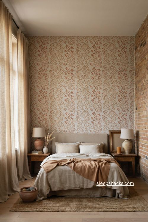 Primary bedroom with calming patterned wallpaper exposed brick and layered natural textures