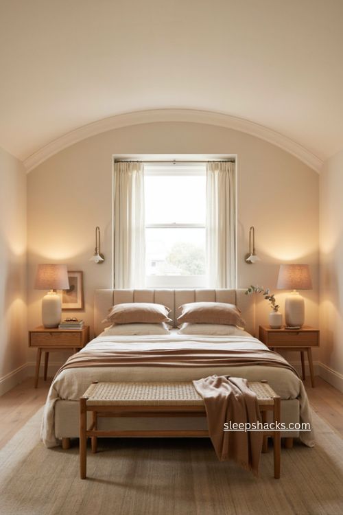 Primary bedroom with centered bed matching nightstands and symmetrical lighting