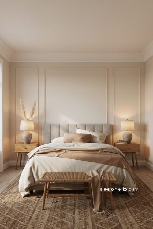 Primary bedroom with diy wall paneling crown molding and elegant bed wall