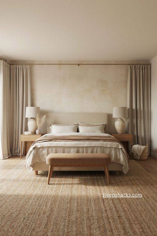 Primary bedroom with large area rug under bed soft neutral textures and warm decor