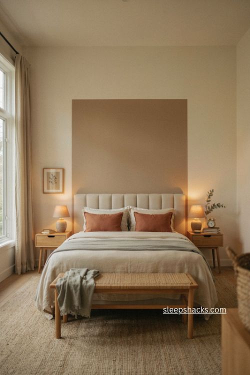 Primary bedroom with painted accent behind bed soft sage walls and layered neutral decor 