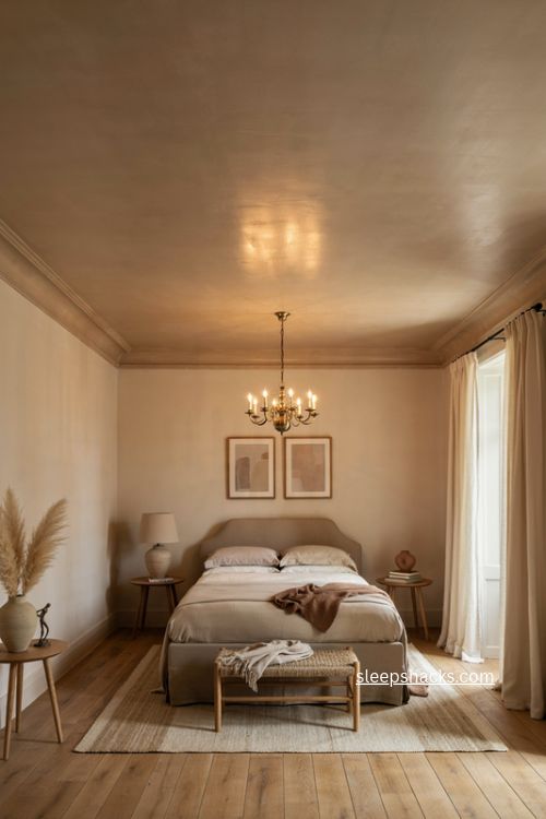 Primary bedroom with painted accent ceiling brass lighting and warm neutral decor 