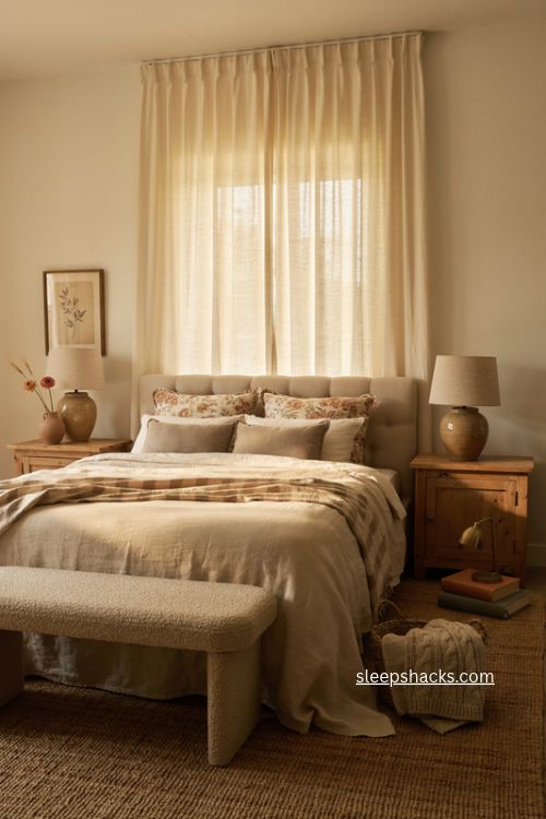 Primary bedroom with patterned floral pillows textured duvet and layered neutral textiles