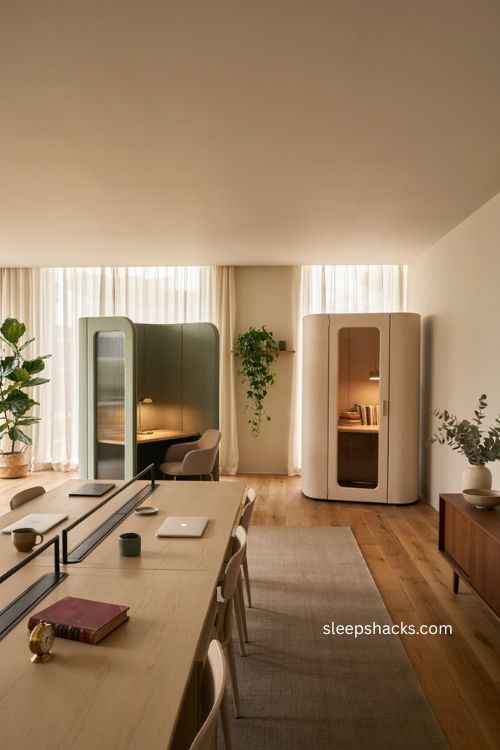 Private office pods in modern corporate workspace with acoustic panels and warm cozy decor