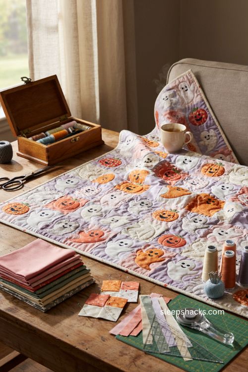 Pumpkin patch ghost sampler quilt with orange pumpkins white ghosts and lavender background