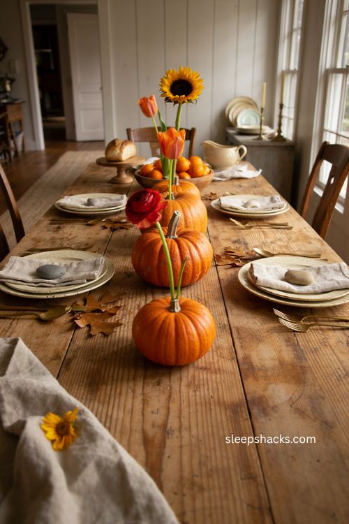 Pumpkin vase trio Thanksgiving centerpiece with sunflowers orange tulips and scarlet ranunculus 