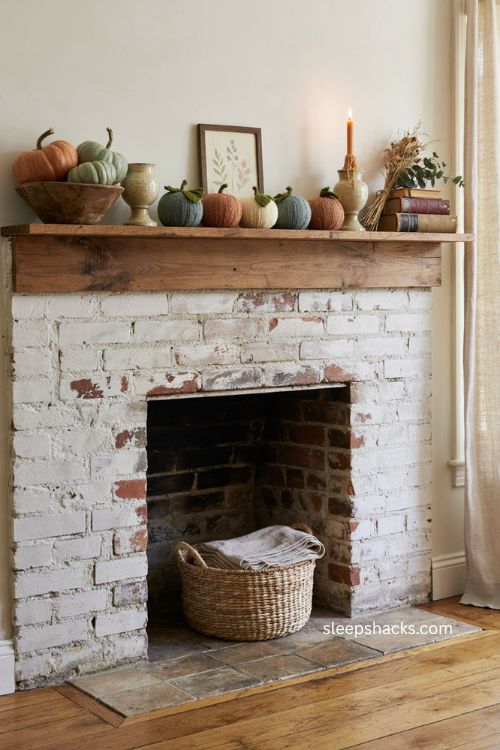 Punch needle pumpkin garland with plush orange pumpkins and green leaves on a Thanksgiving mantel
