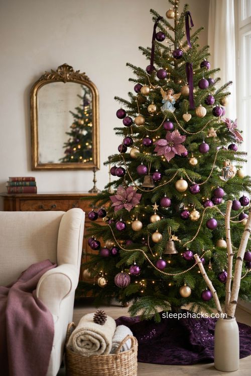 Purple and gold Christmas tree with 60 40 color balance and elegant jewel tone ornaments 
