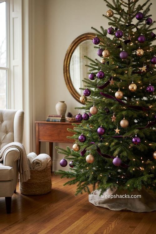 Purple and gold Christmas tree with clustered ball ornaments in glossy matte and glitter finishes 