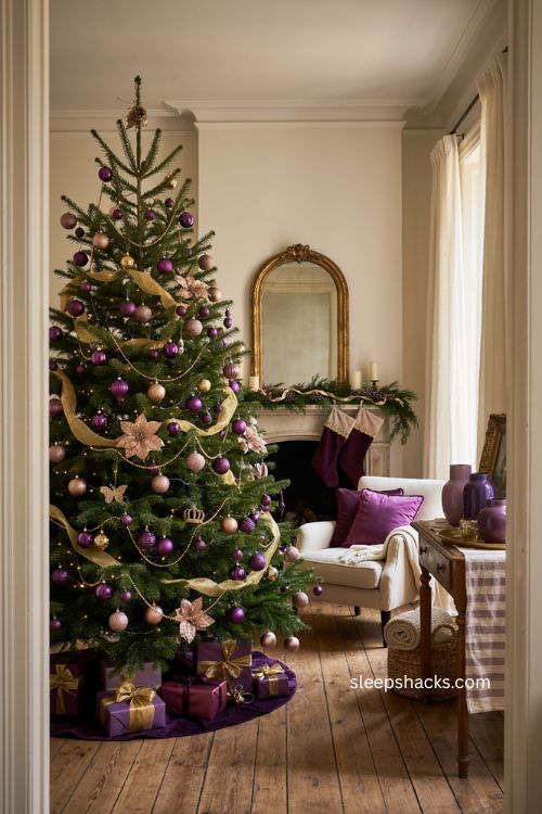 Purple and gold Christmas tree with coordinated room decor and elegant holiday accents 