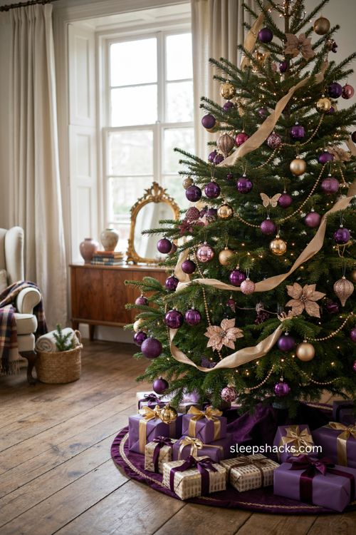 Purple and gold Christmas tree with coordinated wrapped gifts and metallic ribbon bows 