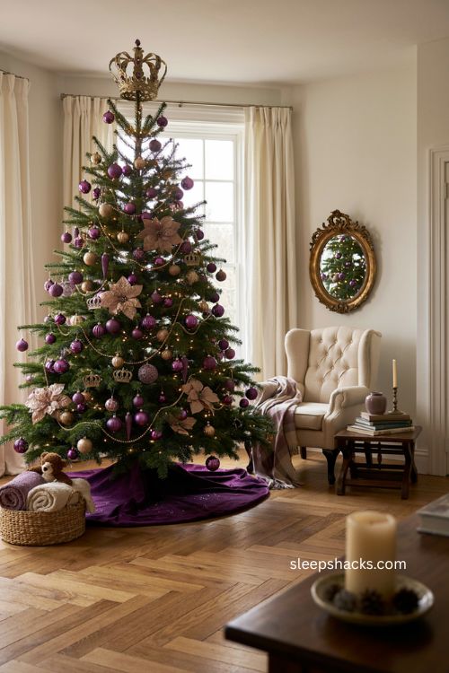 Purple and gold Christmas tree with crown topper and whimsical royal ornaments 