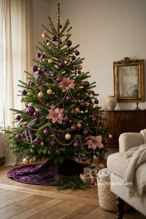 Purple and gold Christmas tree with deep purple sequined tree skirt and elegant ornaments 