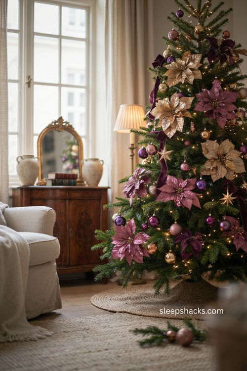 Purple and gold Christmas tree with glitter poinsettia picks and elegant ornaments 