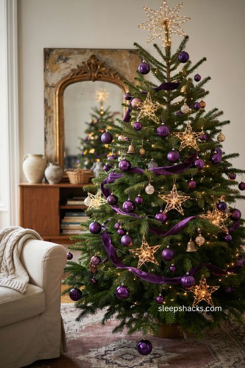 Purple and gold Christmas tree with glittered beaded star ornaments and elegant topper 