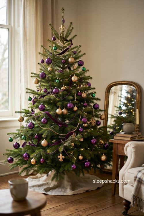 Purple and gold Christmas tree with green accents and Mardi Gras inspired ornaments 