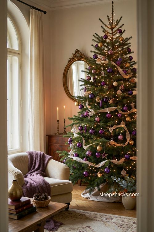 Purple and gold Christmas tree with jewel tone ornaments and elegant warm lights 